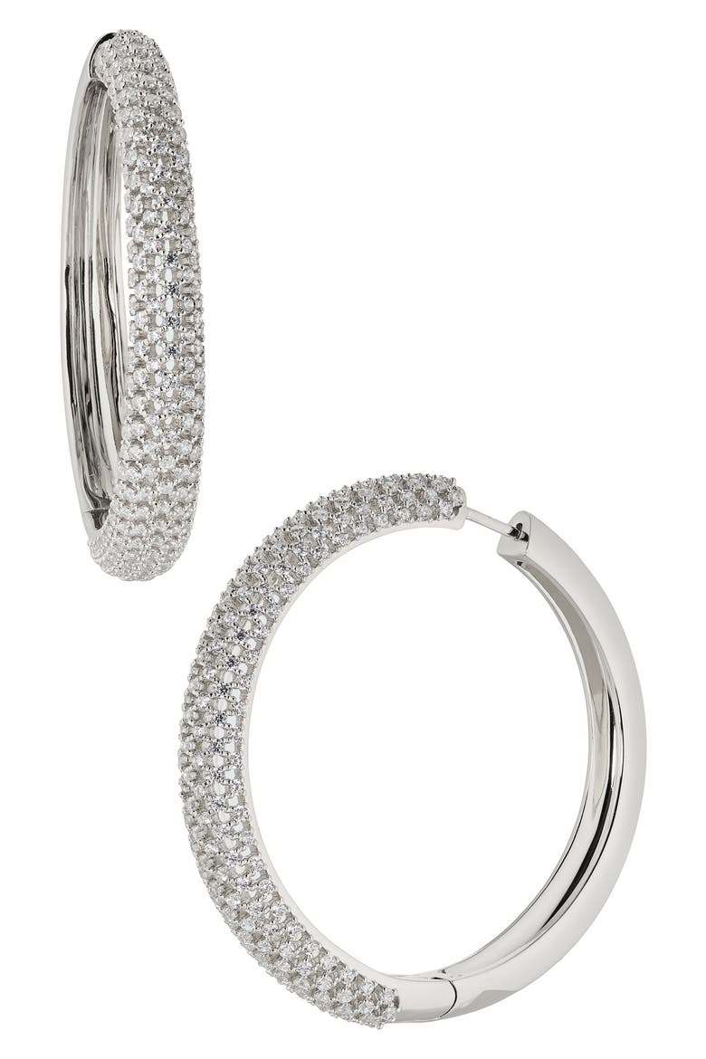 Large Cleo Pavé Cubic Zirconia Hoop Earrings, Main, color, RHODIUM