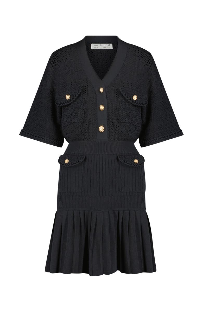 Mac Duggal Short Sleeve Pleated Hem Detail Button Up Sweater Dress, Alternate, color, Black