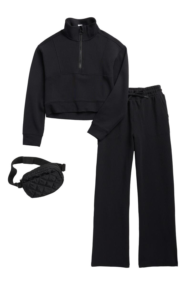 90 DEGREE BY REFLEX Kids' Scuba Knit Pullover, Pants & Belt Bag Set, Main, color, Black