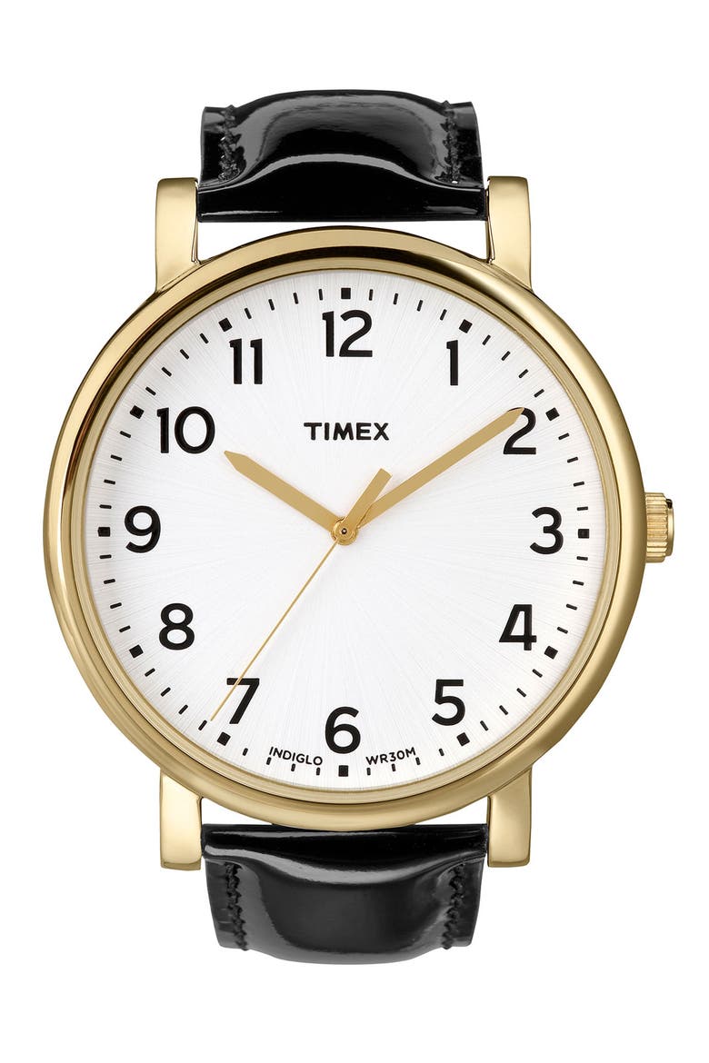 'Easy Reader' Leather Strap Watch, 42mm, Main, color, BLACK