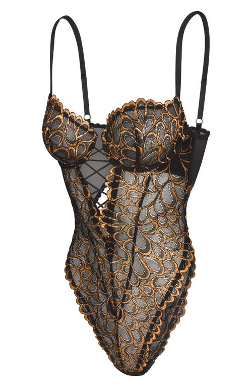 Savage X Fenty Savage Not Sorry Sheer Lace Teddy In Black Caviar/bronze Metallic