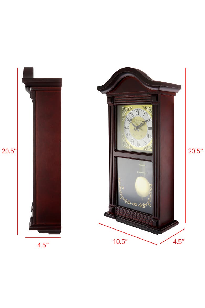 22in Wall Clock with Brass Pendulum and 4 Chimes, Alternate, color, Mahogany