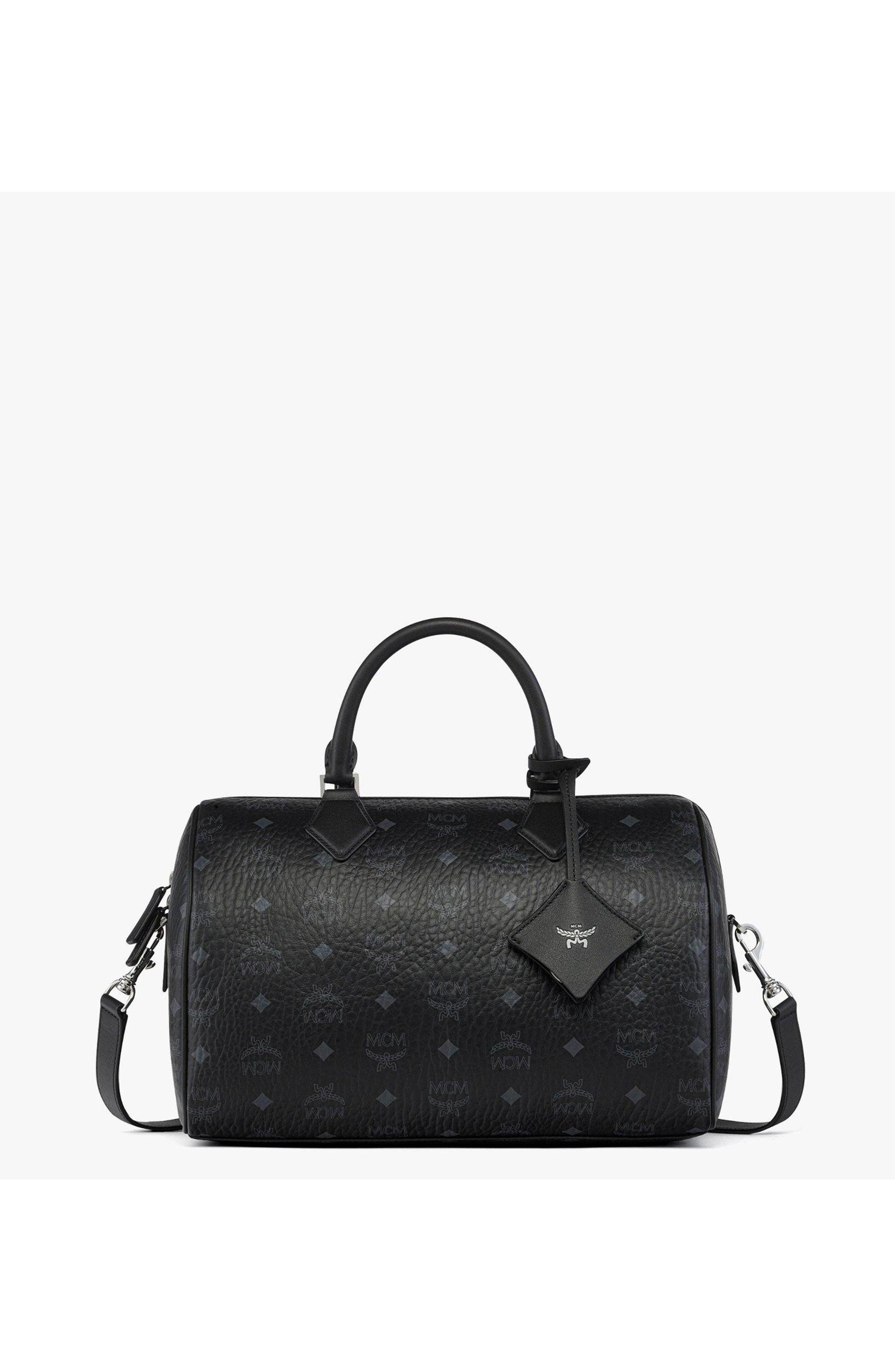 MCM Medium Ella Boston Bag in Visetos, Main, color, Black