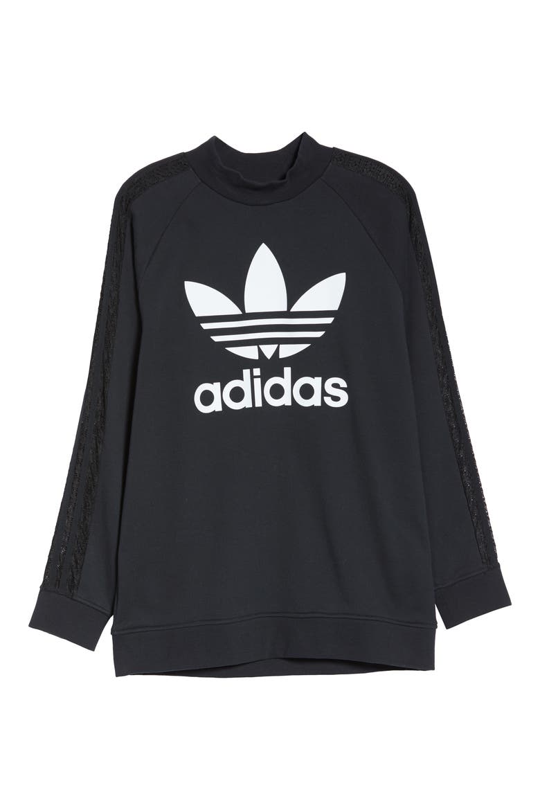 Lace Stripe Logo Cotton Sweatshirt, Alternate, color, BLACK