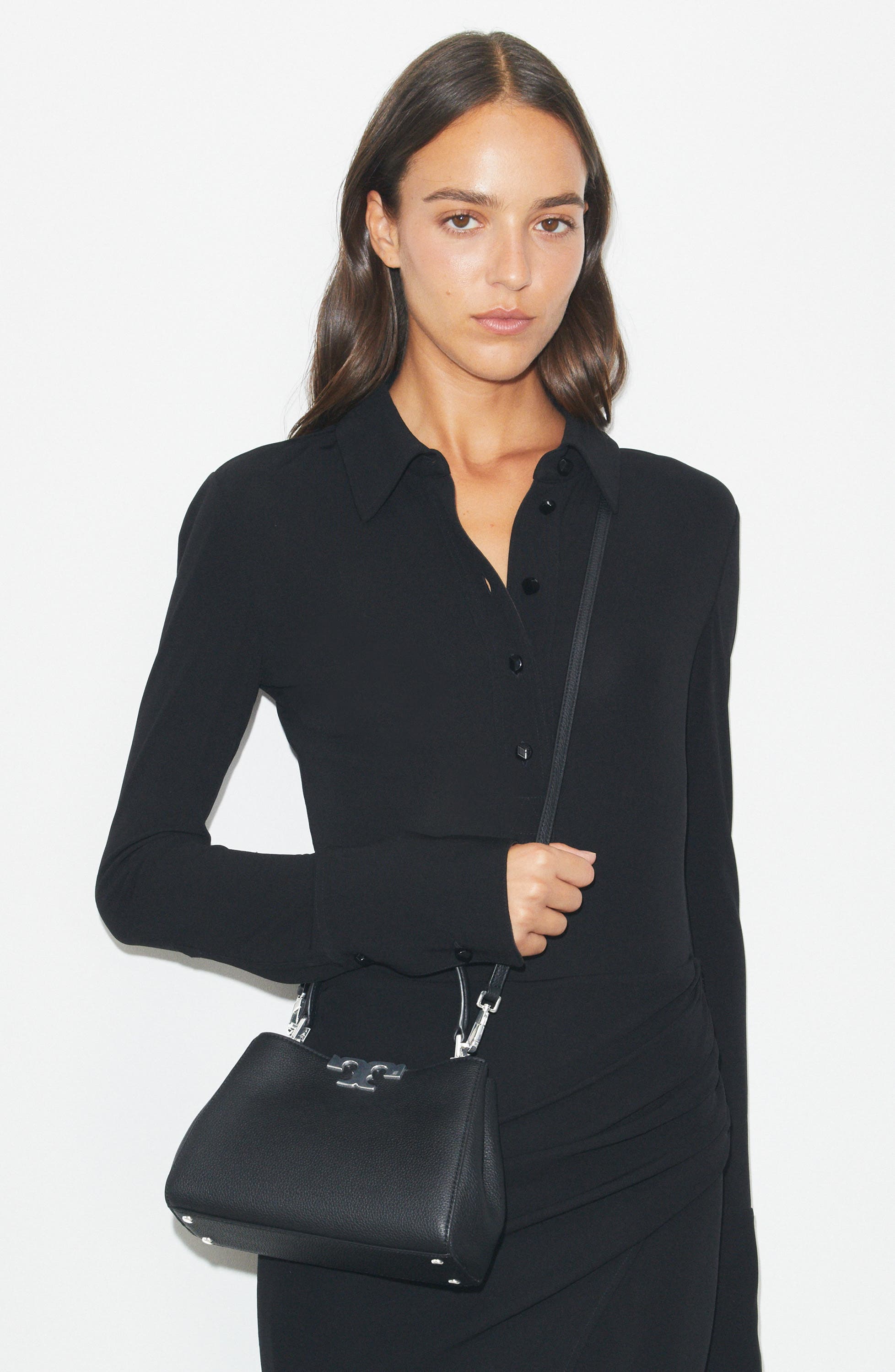 Tory Burch Mini Eleanor Soft Leather Satchel, Alternate, color, Black