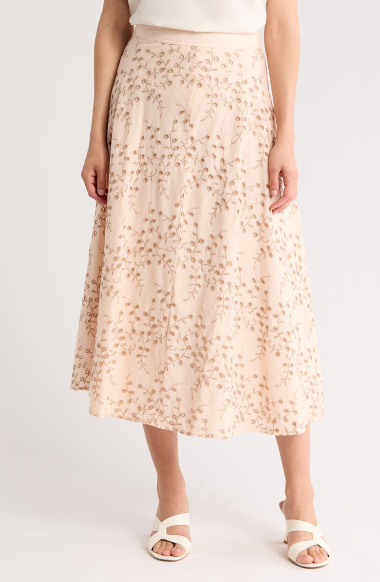 T Tahari Embroidered Eyelet Cotton Midi Skirt, Main, color, Blush/ Tan