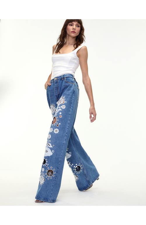 Cynthia Rowley Embroidered Wide-leg Jeans In Blue/white
