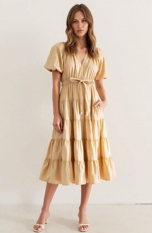 Modenaire Tiered Midi Dress With Puff Sleeves And Tie Waist In Yellow