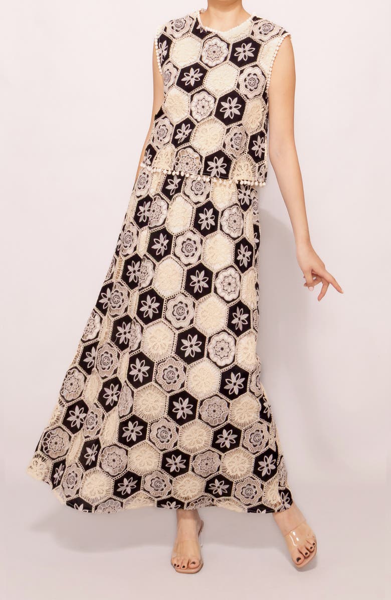 MELLODAY Crochet Detail Sleeveless Maxi Dress, Alternate, color, Ivory Black