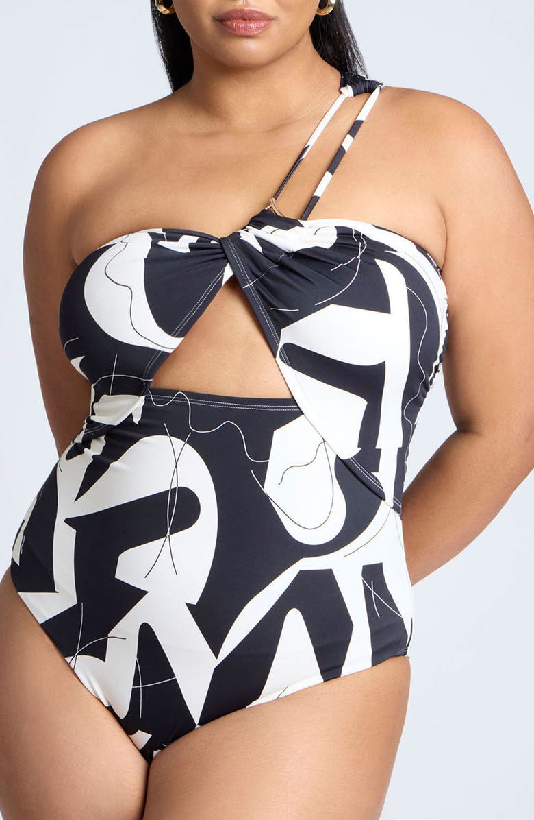 ELOQUII Abstract Print Cutout One-Shoulder One-Piece Swimsuit, Main, color, 
