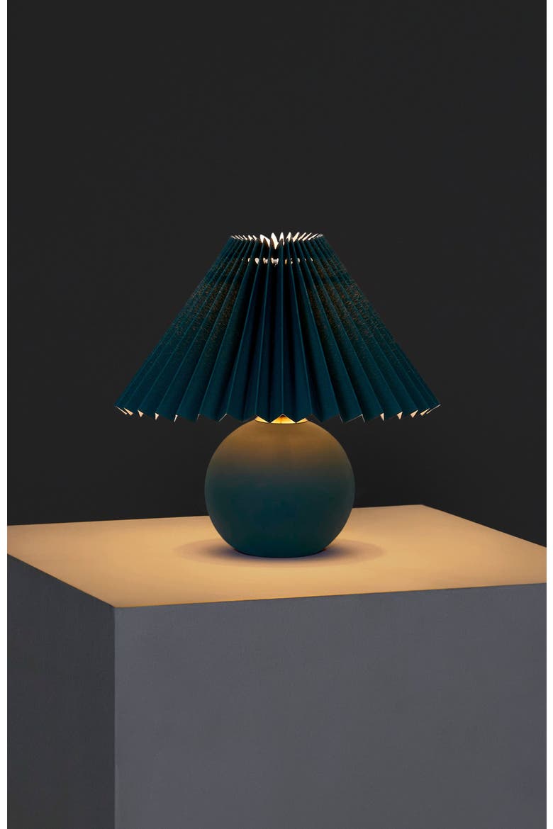 Serena 10" Ceramic LED Table Lamp with Retro Globe Base and Fabric Pleated Shade, Alternate, color, Teal