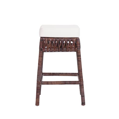 Bali Rattan Backless Counter Stool, White Cushion with Woven Frame