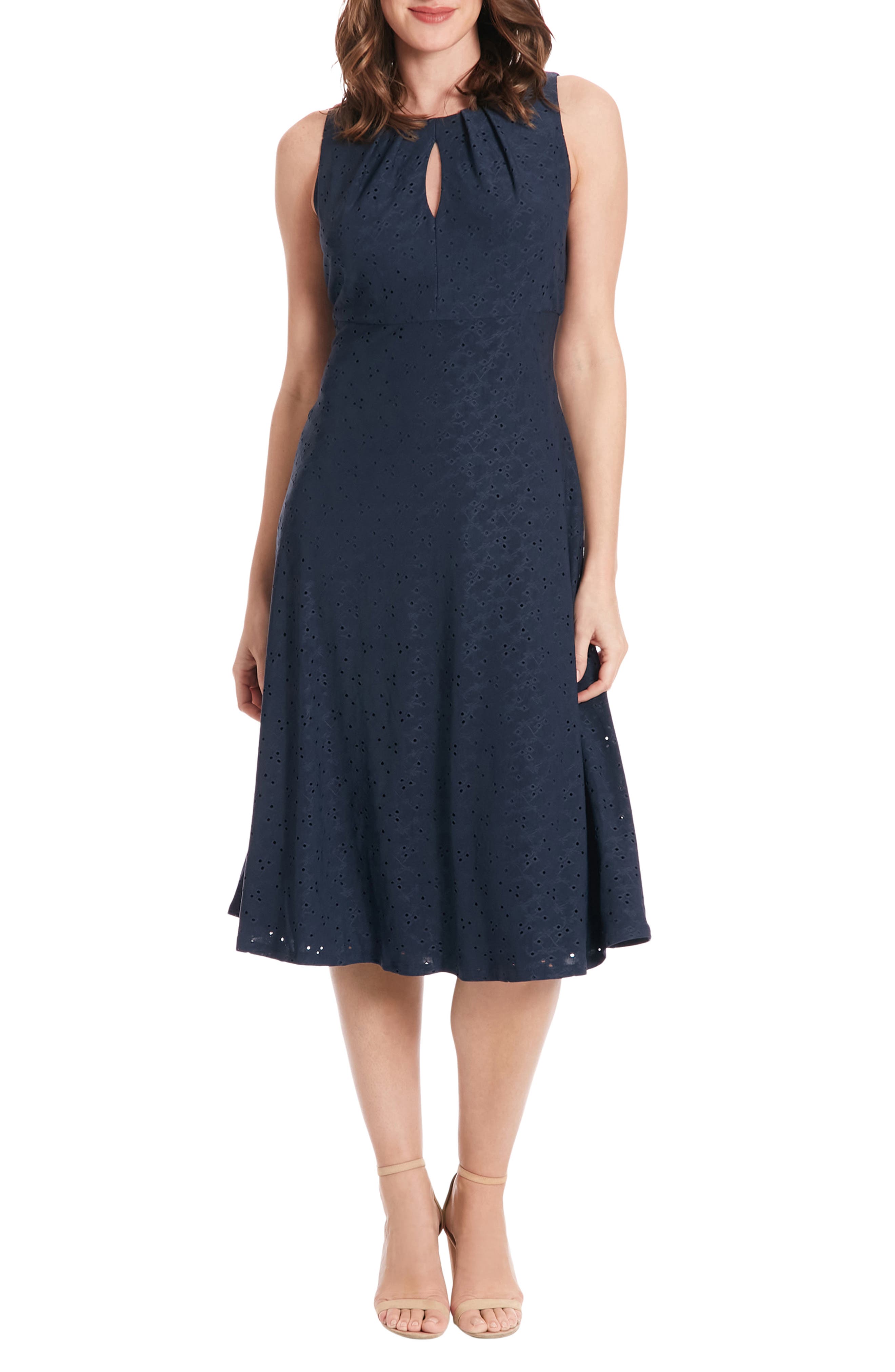 London Times Eyelet Keyhole Fit & Flare Midi Dress
