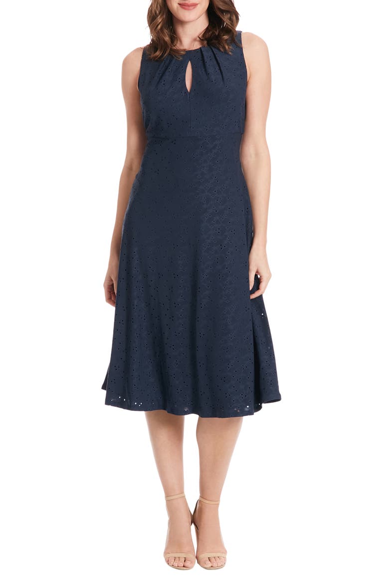 Eyelet Keyhole Fit & Flare Midi Dress, Main, color, NAVY BLAZER