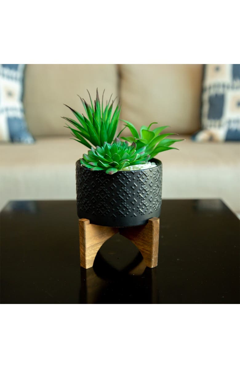 FLORA BUNDA 6" Ceramic Planter on Wood Stand - Matte Black, Alternate, color, 