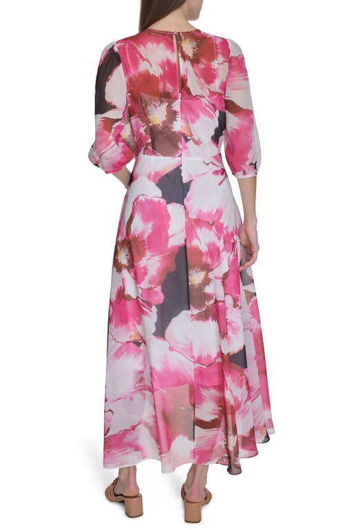 Calvin Klein Floral Chiffon Faux Wrap Midi Dress In Hibiscus Multi