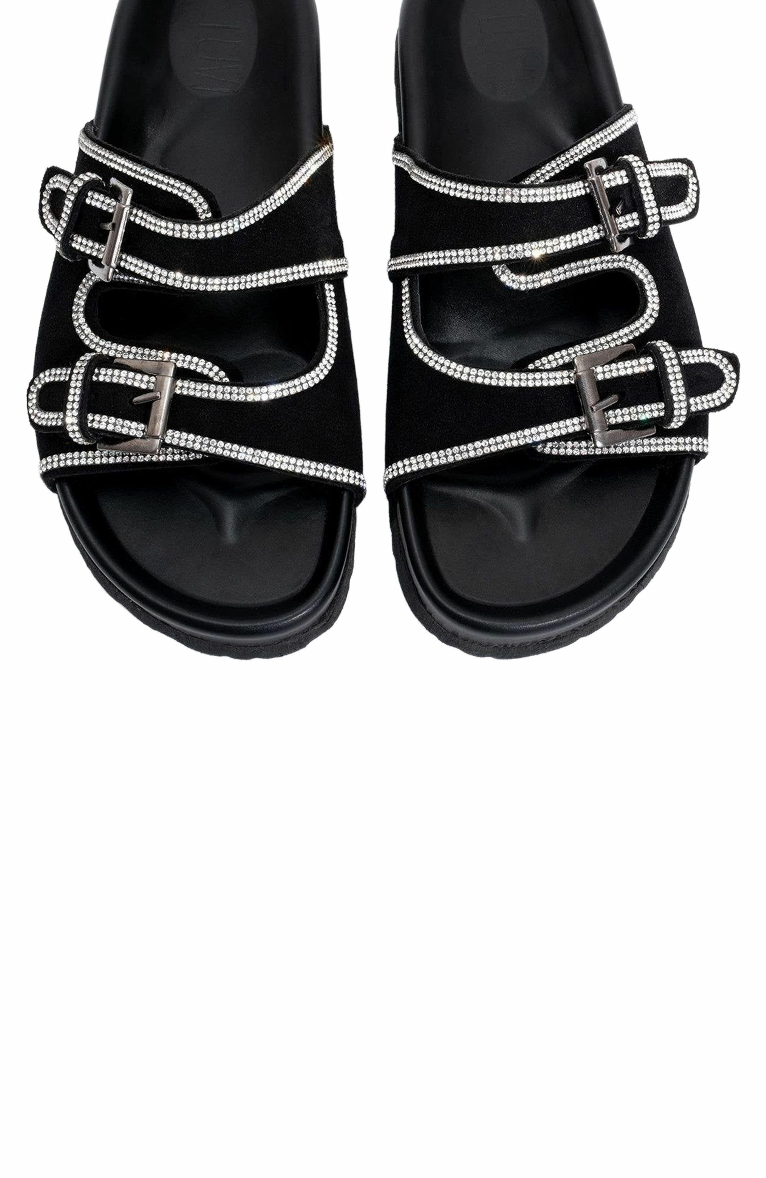 Forever & Always Shoes Allen Rhinestone Leather Slide Sandal, Alternate, color, Black Leather