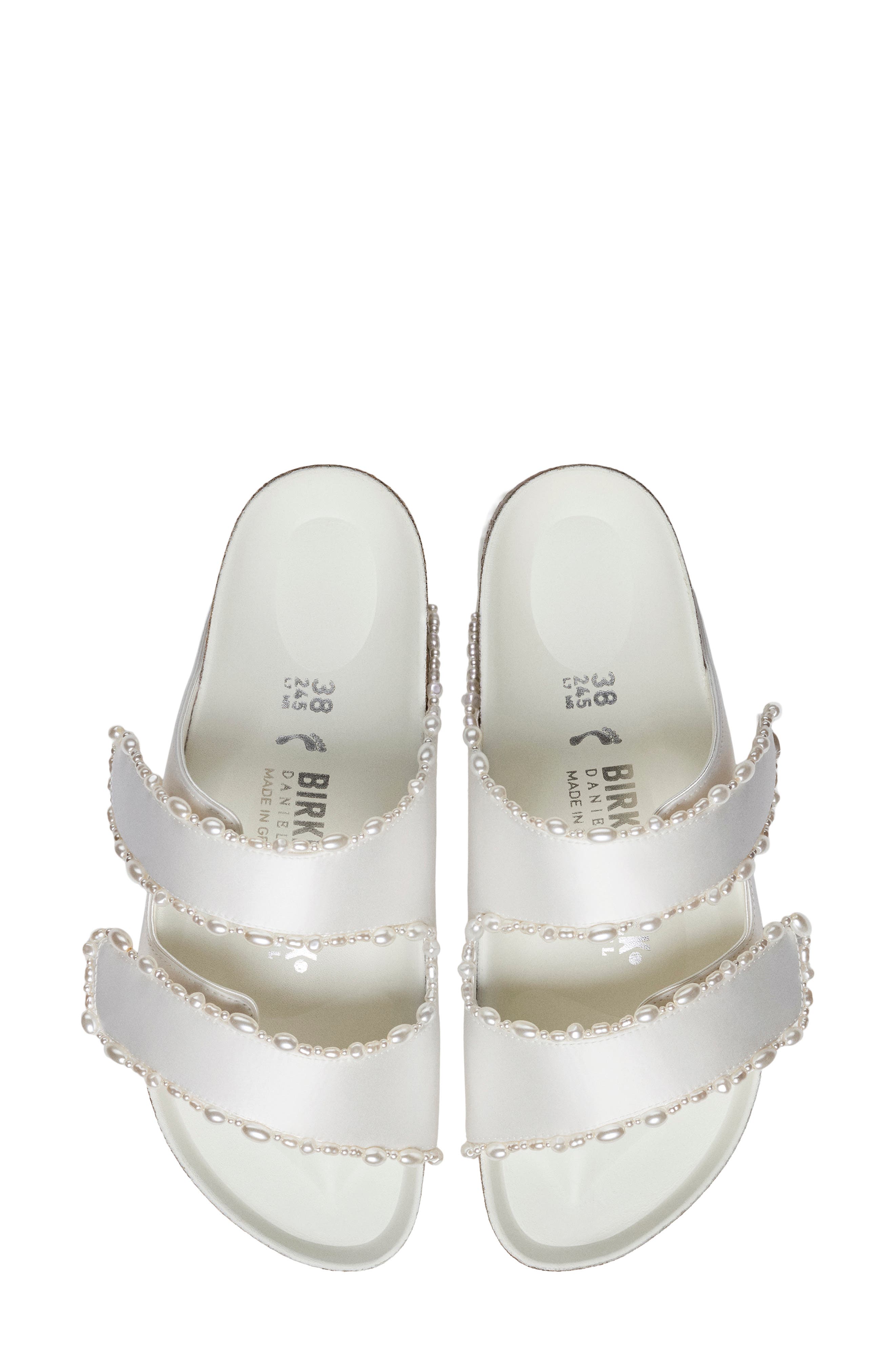 Birkenstock x Danielle Frankel x Danielle Frankel Arizona Satin & Faux Pearl Slide Sandal, Alternate, color, White