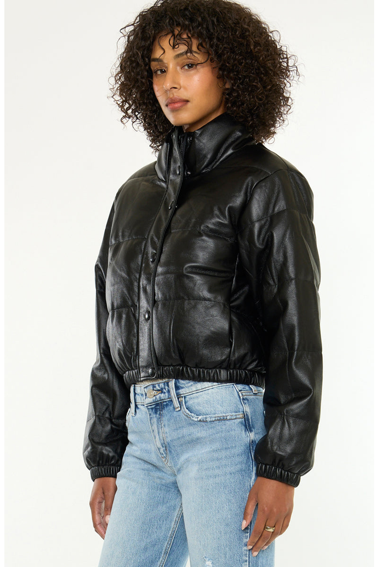 Taylor Cropped Faux Leather Puffer Jacket, Alternate, color, Black