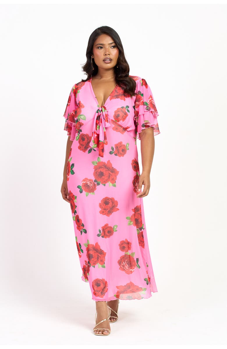 FASHION-SZN CURVE Flutter Sleeve Tie Front Midi Dress, Main, color, Pink