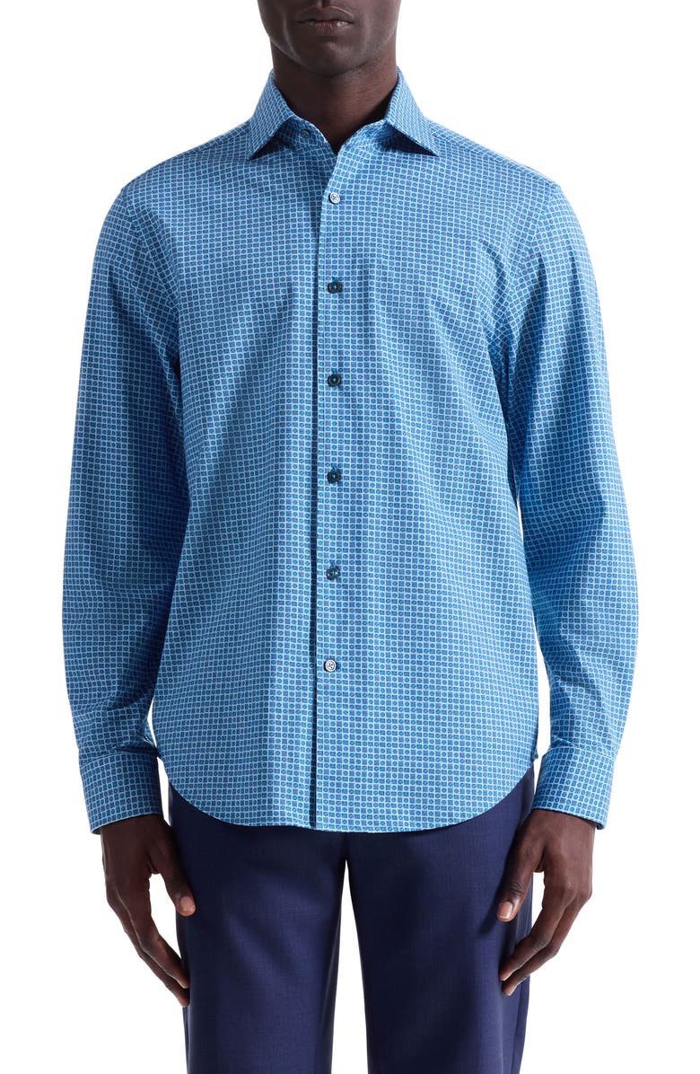 Bugatchi Devon OoohCotton<sup>®</sup> Geo Print Button-Up Shirt, Main, color, Azure