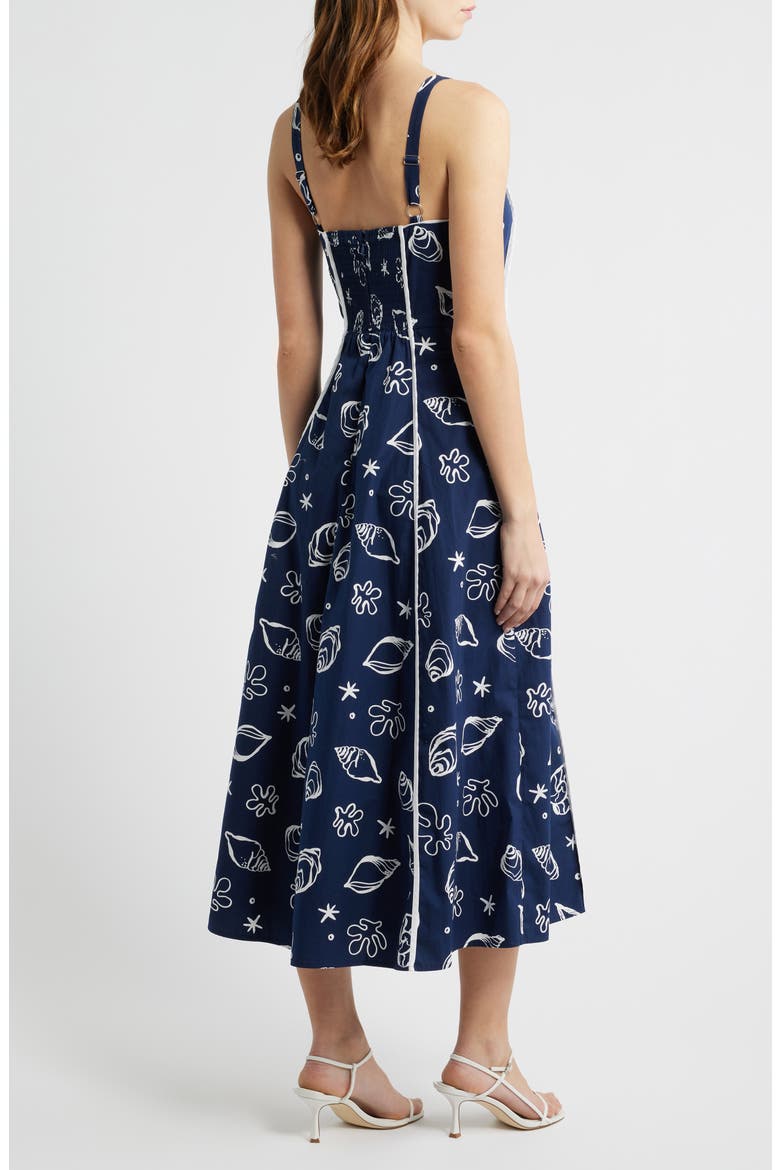 Shell Print Piped Cotton Midi Dress, Alternate, color, NAVY MULTI