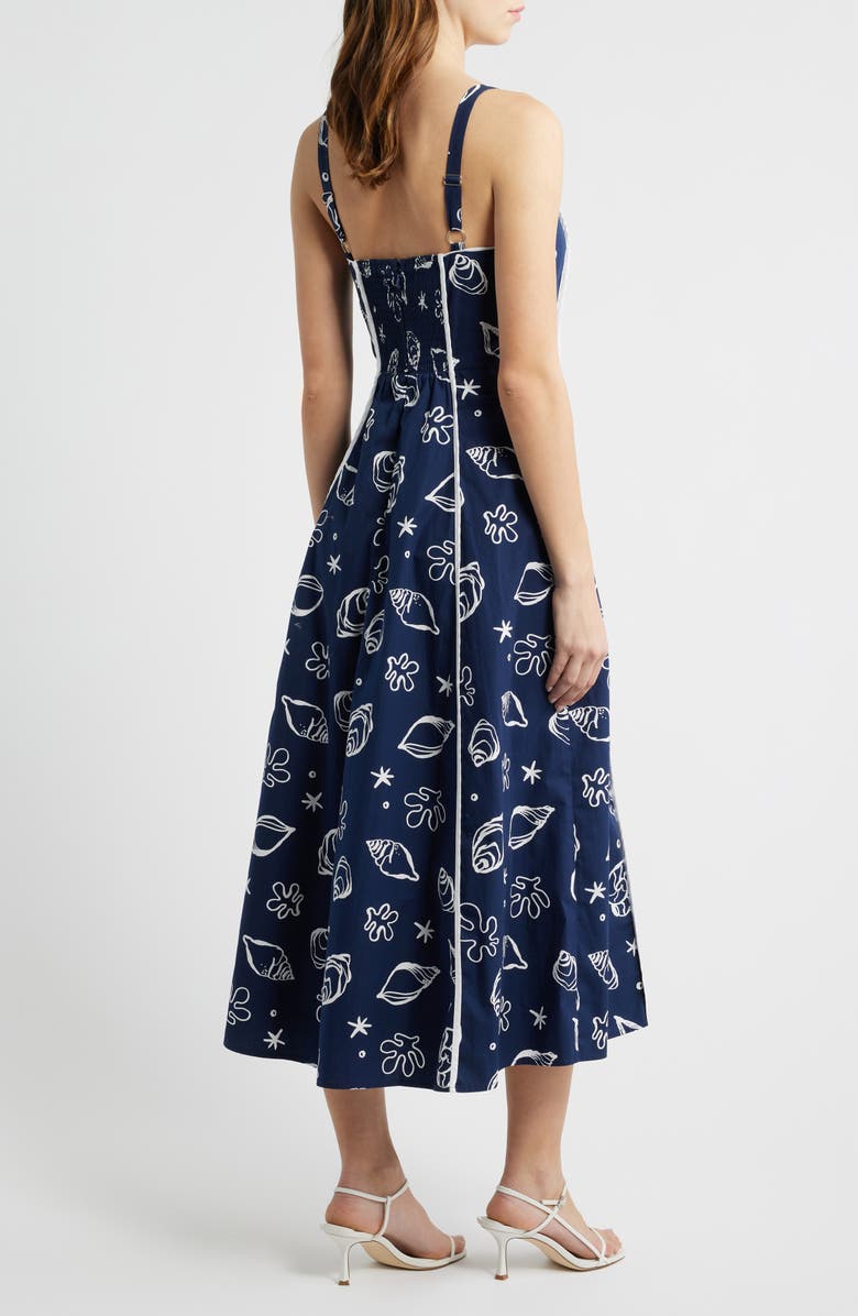 MOON RIVER Shell Print Piped Cotton Midi Dress, Alternate, color, Navy Multi