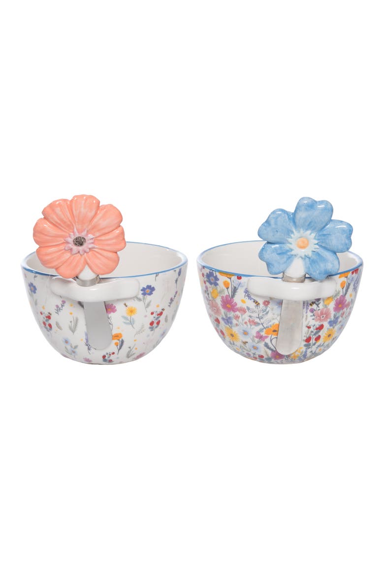 Dolomite Bowl with Floral Spreader Set of 2 Multicolored for Spring Serving and Entertaining, Alternate, color, Blue