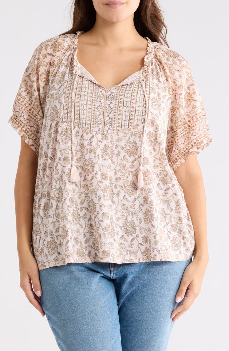 Lucky Brand Short Sleeve Split Neck Top, Main, color, Pink Multi