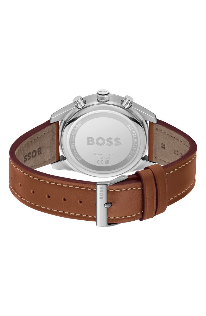 BOSS Skytraveller Chronograph Leather Strap Watch, 41mm, Alternate, color, Black