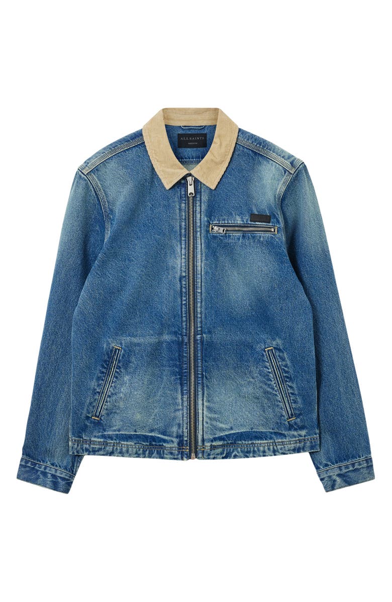 AllSaints Rothwell Zip Denim Jacket with Corduroy Collar, Alternate, color, Washed Indigo