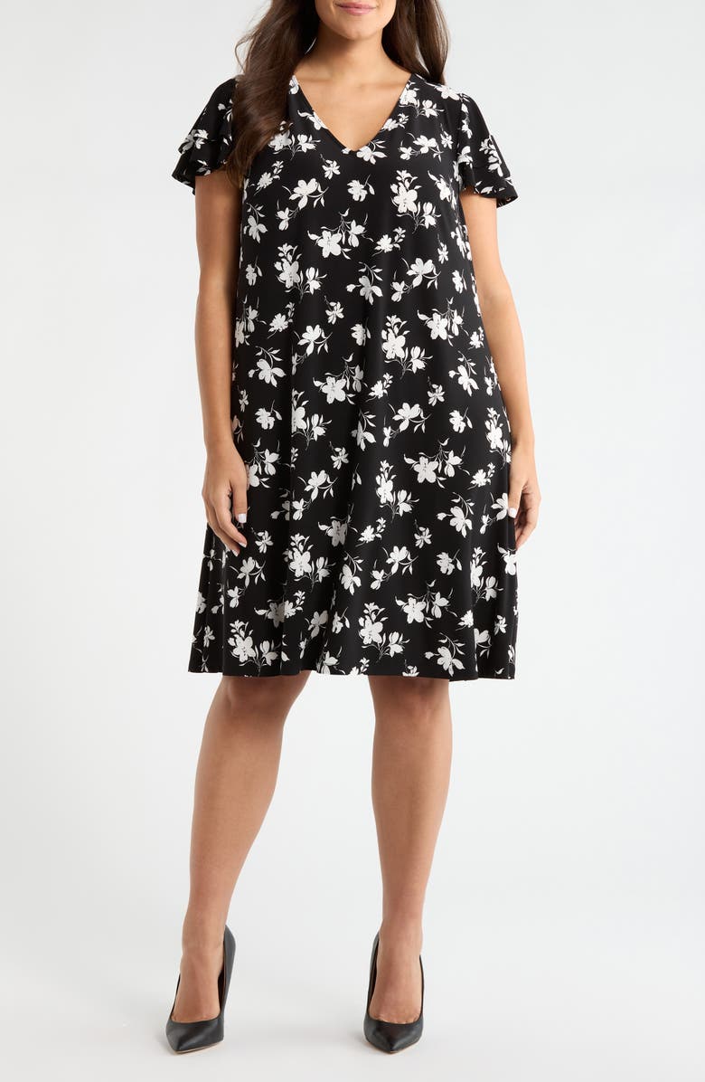 AK ANNE KLEIN Floral Double Flutter Sleeve Dress, Main, color, Anne Black/ White Dove