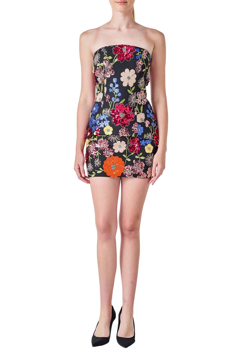Floral Sequin Strapless Minidress, Main, color, BLACK MULTI