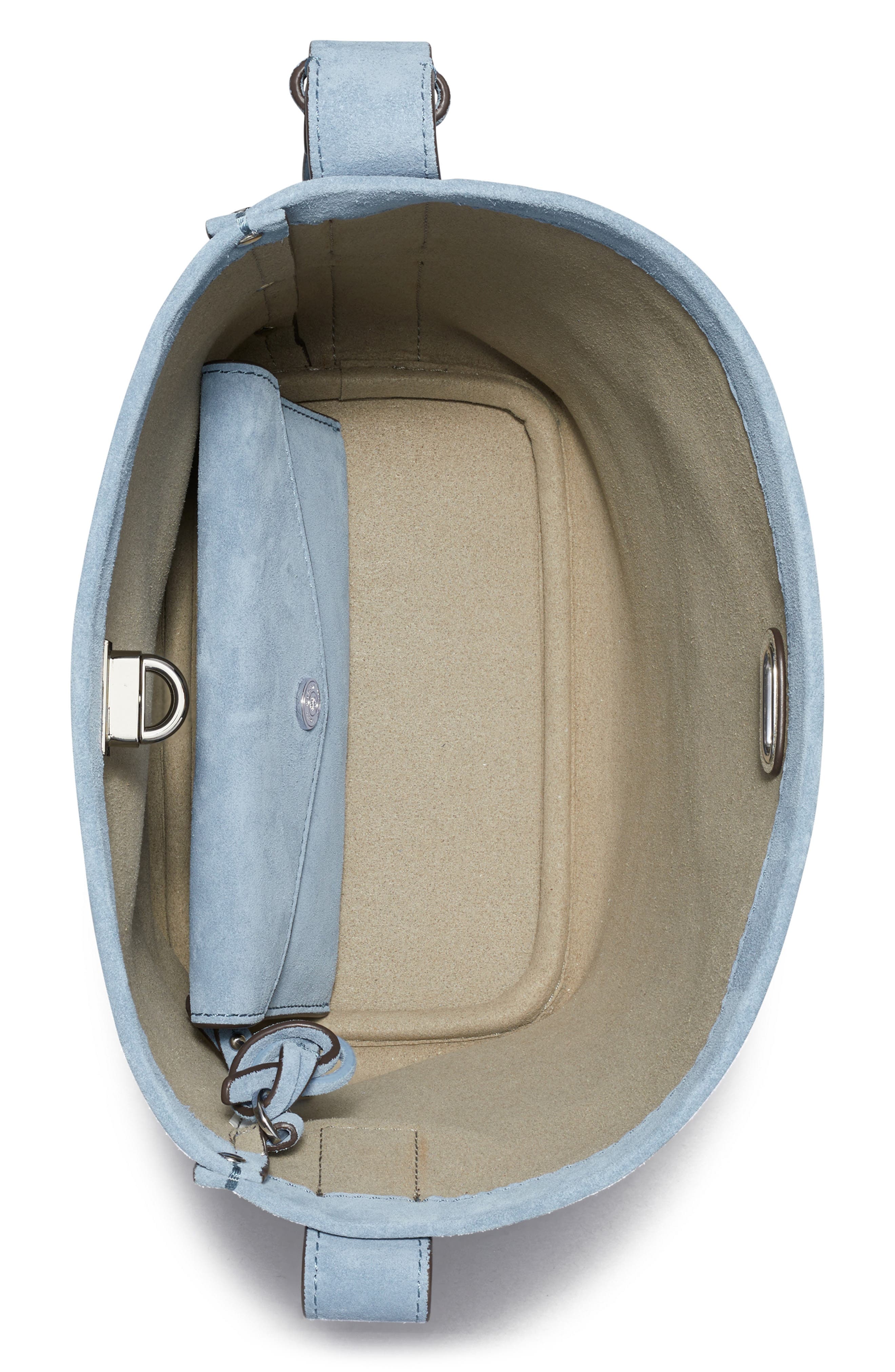 Lock Medium Slim Suede Bucket Bag, Alternate, color, STEEL BLUE