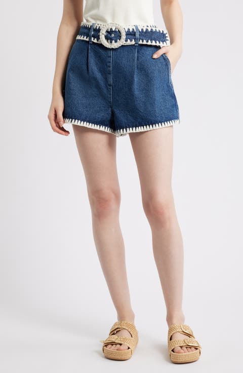 Embroidered Belted Denim Shorts