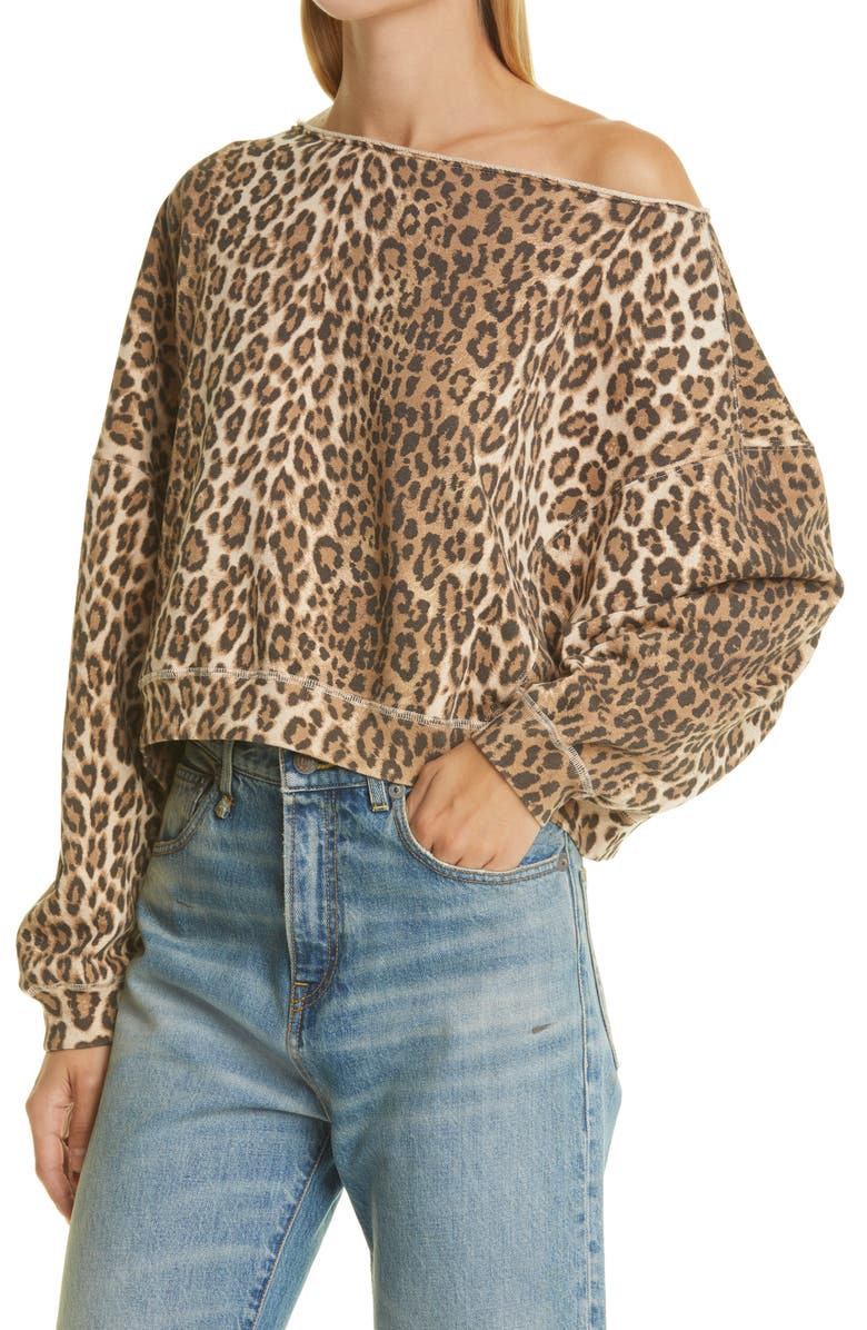 R13 Patti Leopard Print Asymmetric Off the Shoulder Sweatshirt, Alternate, color, 