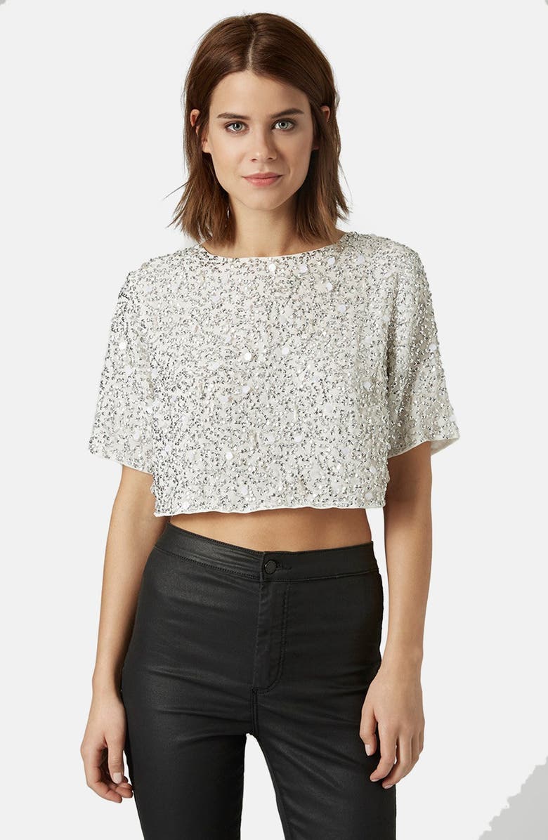 Topshop Sequin Crop Tee, Main, color,