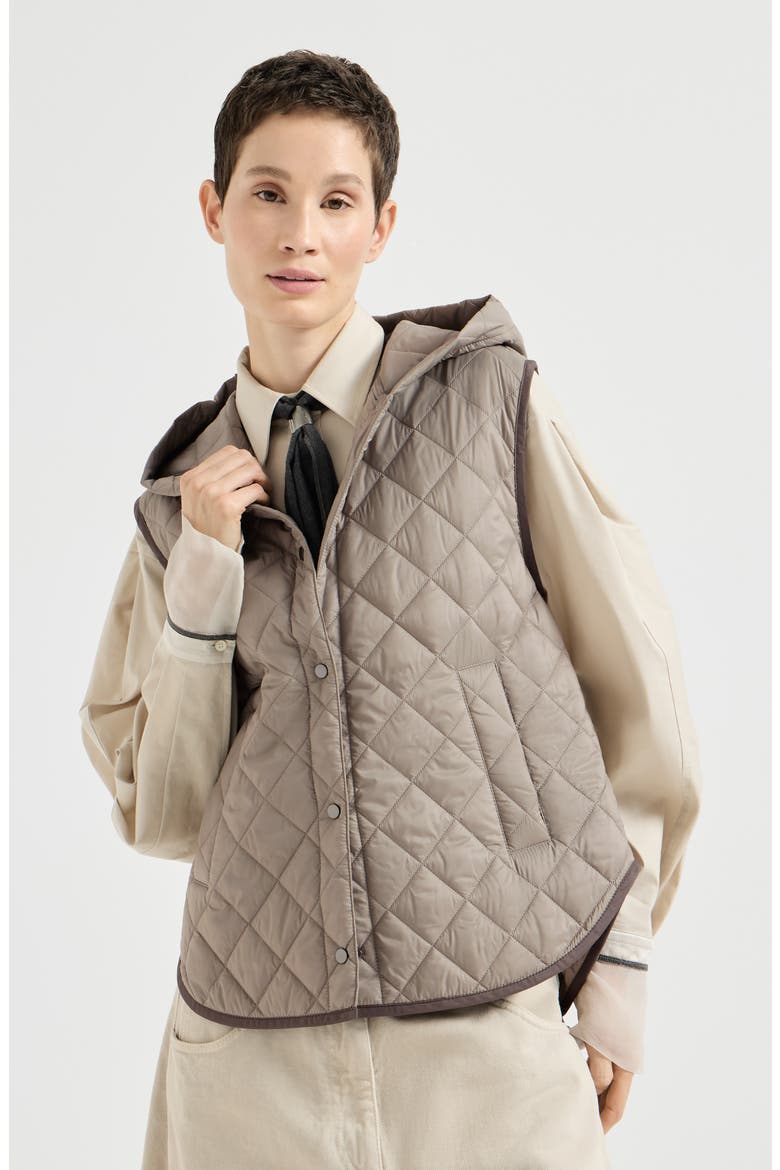 Lightweight matte nylon quilted vest with Thermore® padding and hood, Main, color, Light Brown