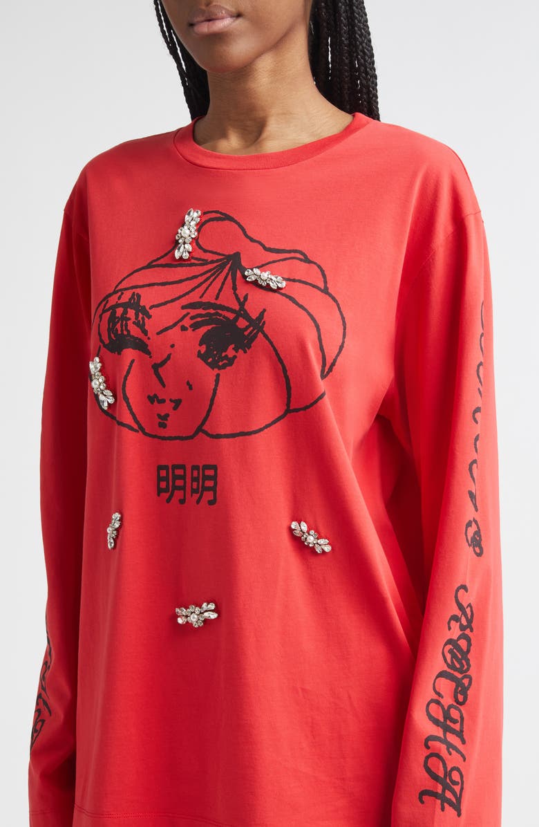 Simone Rocha Dim Sum Logo Long Sleeve Cotton Graphic T-Shirt, Alternate, color, Red/ Black/ Pearl/ Clear
