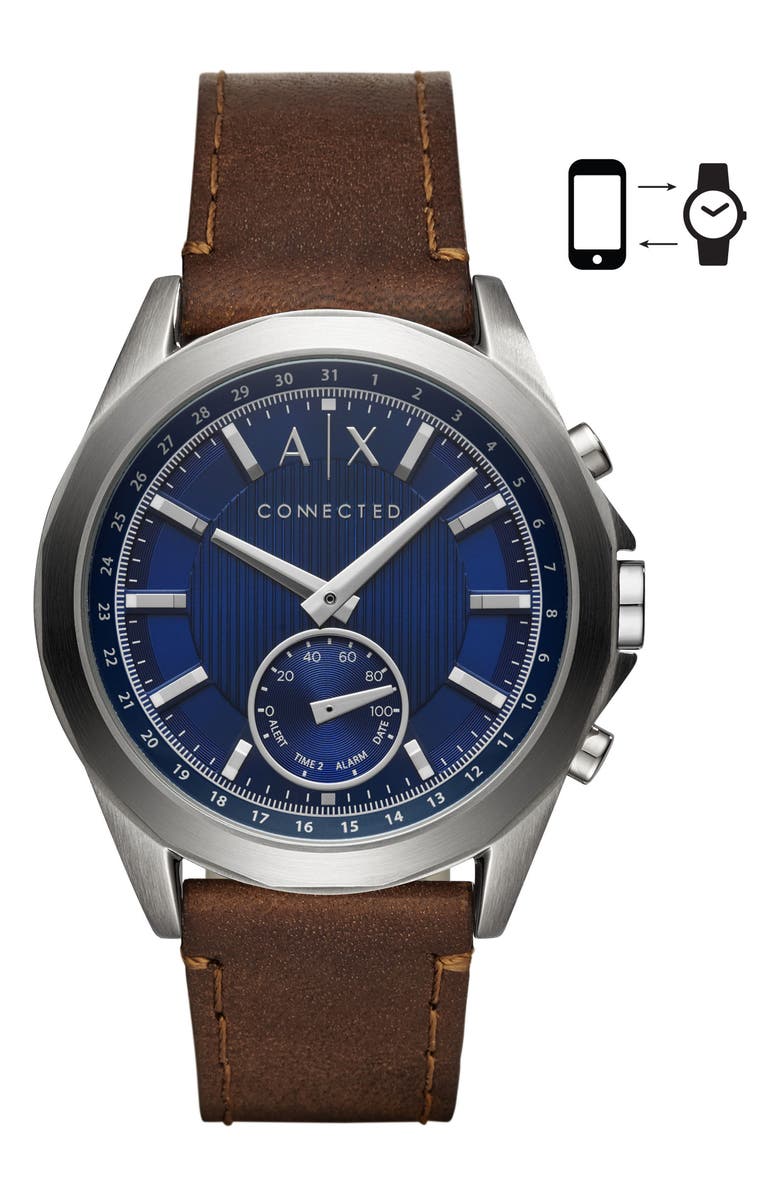 AX Armani Exchange Connected Hybrid Leather Strap Smartwatch, 44mm, Main, color,