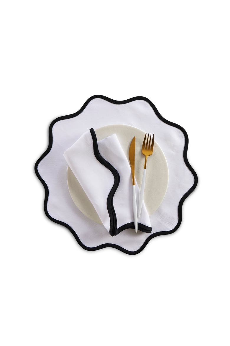Linen Placemats 16 Inch Round Set of 4 - Giselle Scallop Edge, Alternate, color, Black and White