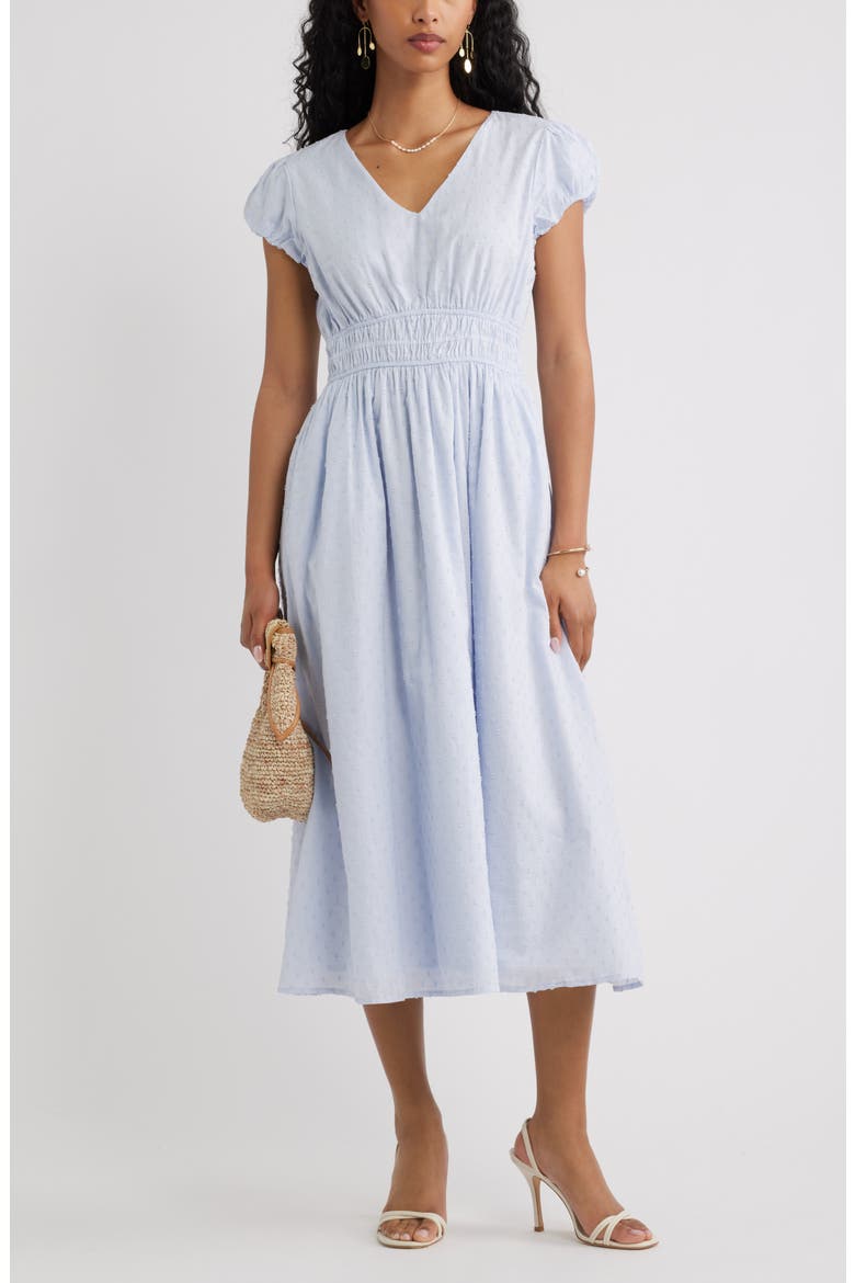 Puff Sleeve Midi Dress, Alternate, color, BLUE HALOGEN