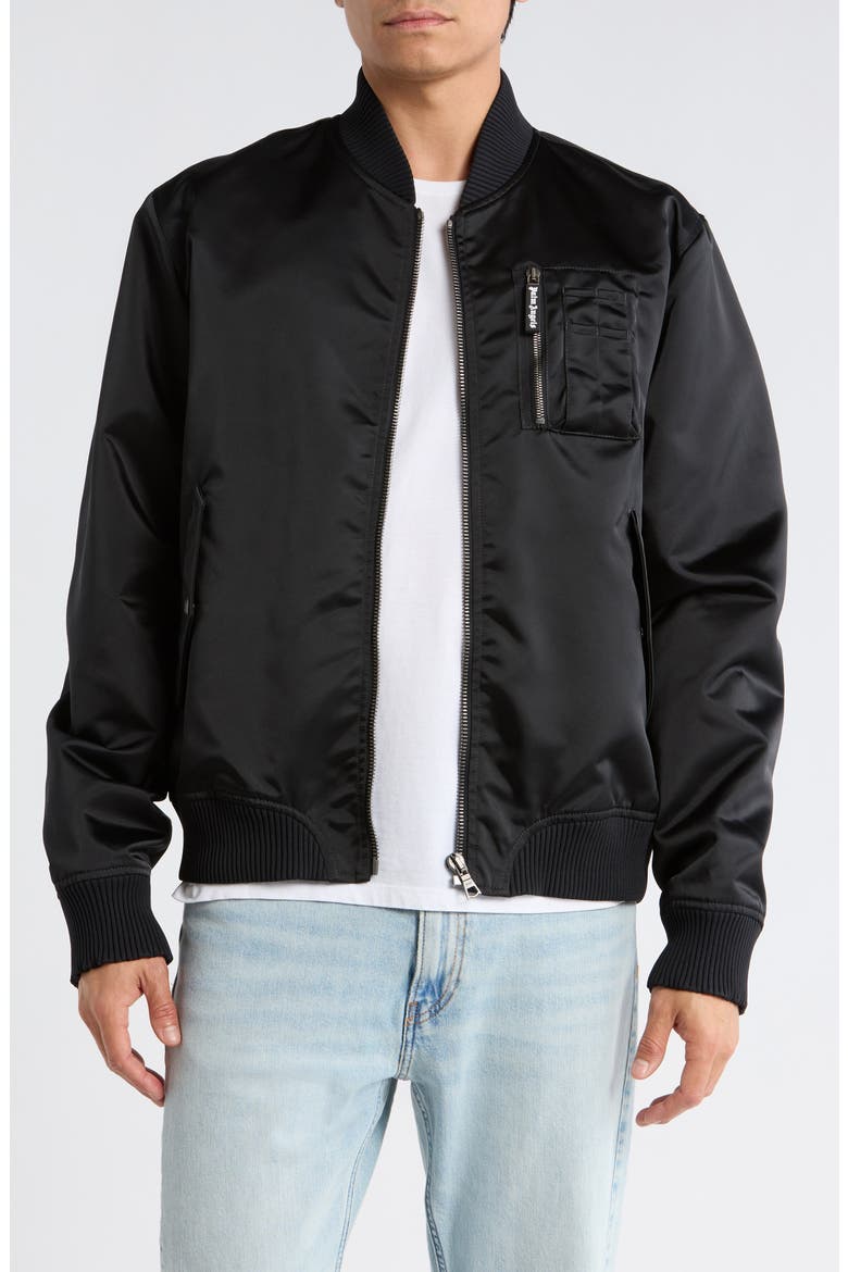 Curved Logo Bomber Jacket, Main, color, BLACK