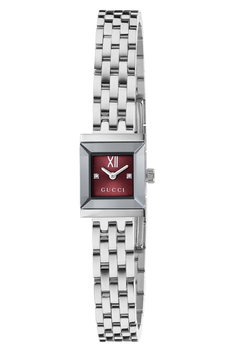 G-Frame Pink Dial Square Bracelet Watch, 14mm x 18mm, Main, color, RED BURGUNDY