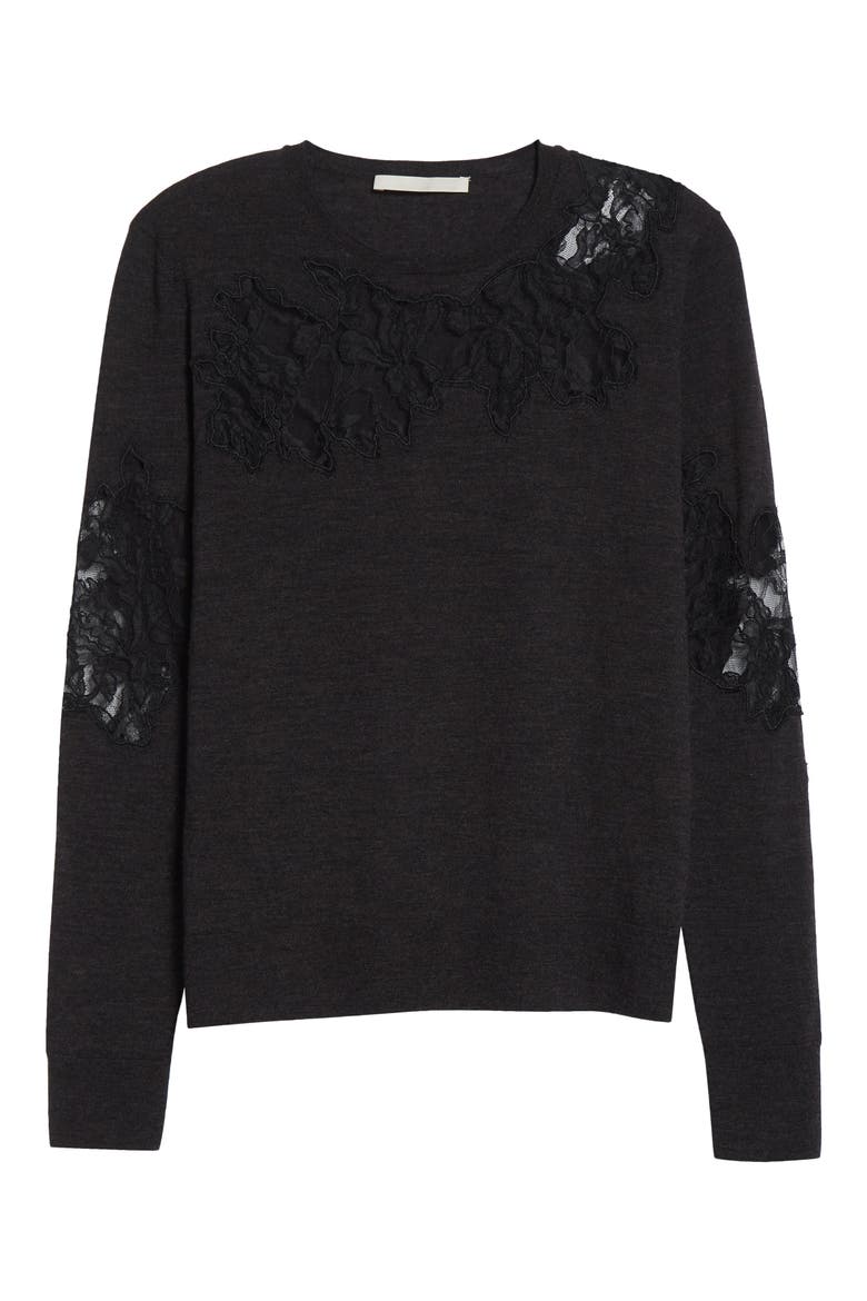 Lace Inset Merino Wool Crewneck Sweater, Alternate, color, GRAPHITE