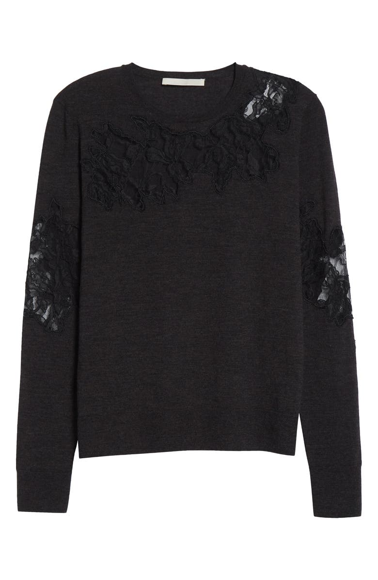 Jason Wu Collection Lace Inset Merino Wool Crewneck Sweater, Alternate, color, Graphite