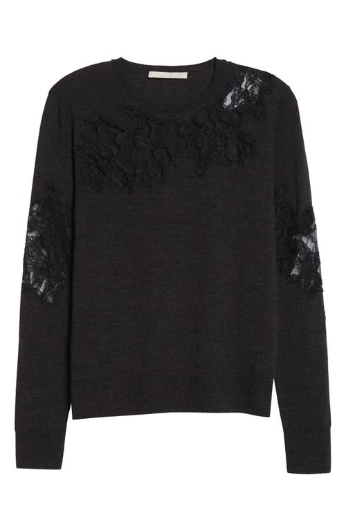 Jason Wu Collection Lace Inset Merino Wool Crewneck Sweater In Black
