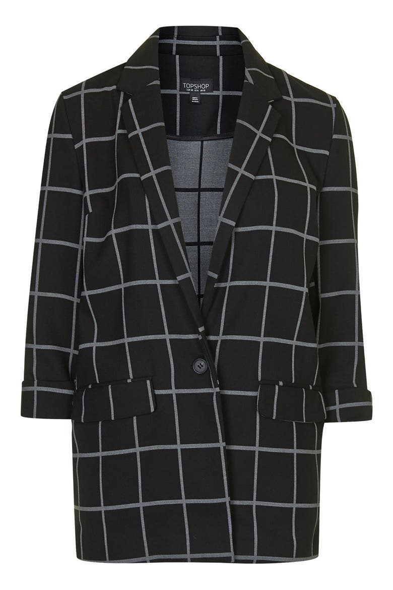 Windowpane Boyfriend Blazer, Alternate, color, BLACK