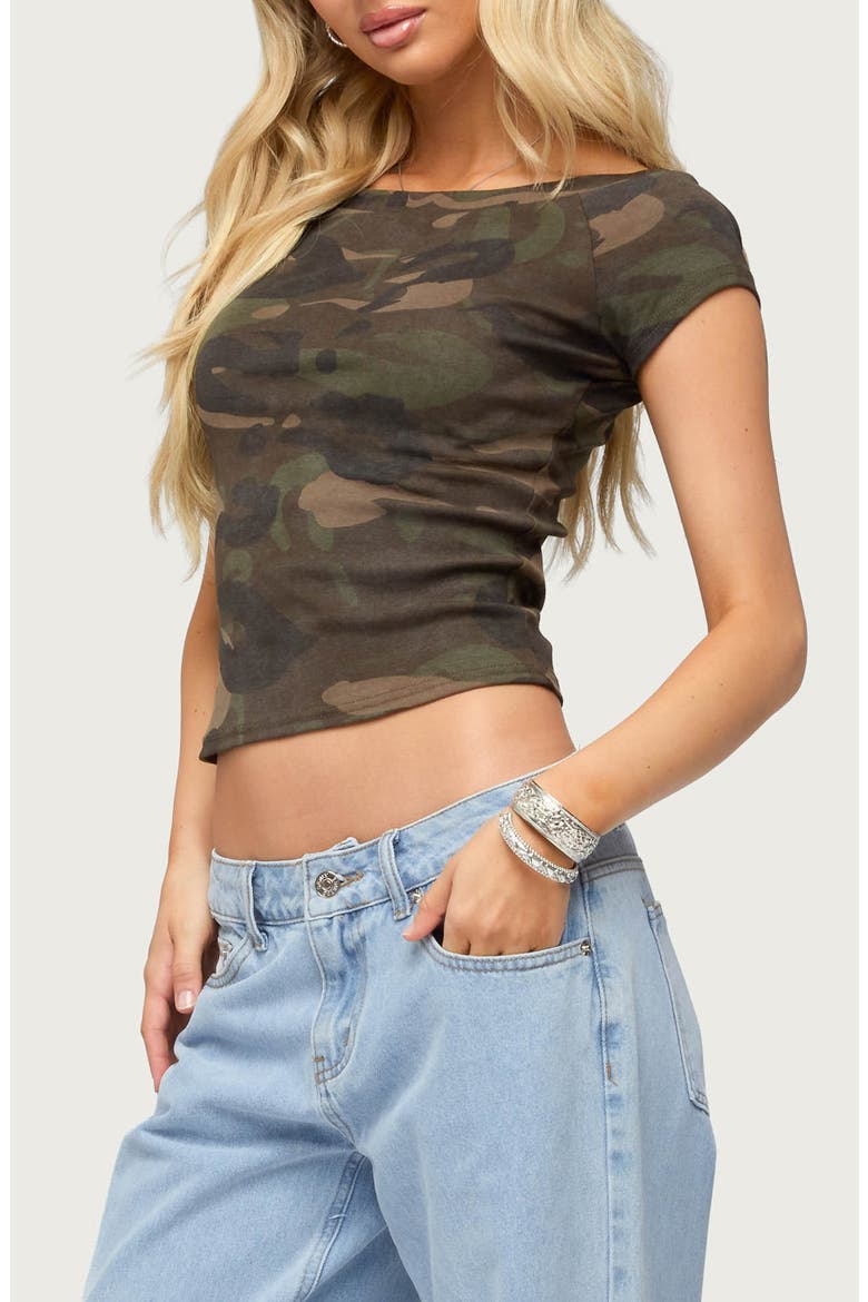 Lumielle Camo Print Boat Neck Crop Top, Alternate, color, OLIVE