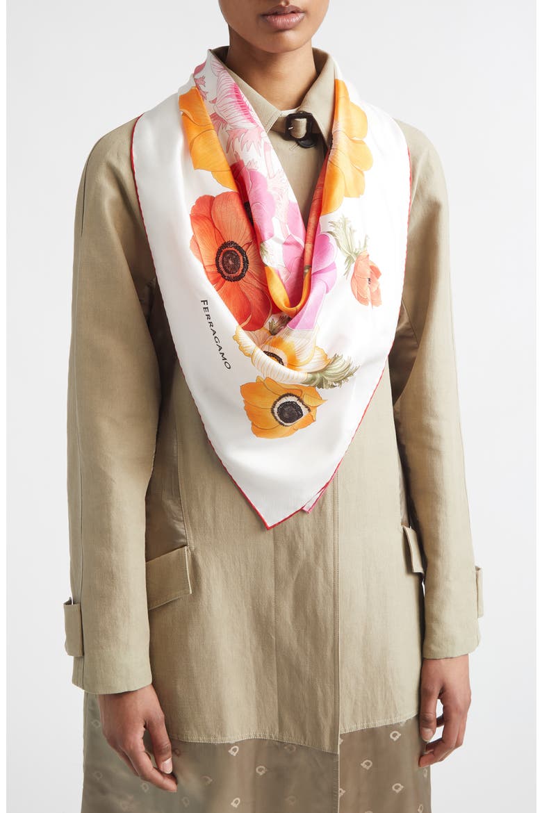 Anemone Floral Silk Square Scarf, Alternate, color, IVORY/ROSE/ORANGE